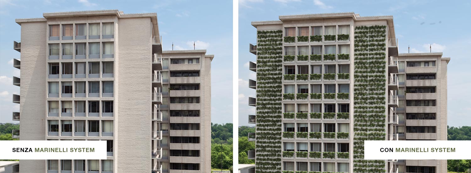 Facciata di un palazzo prima e dopo il verde verticale